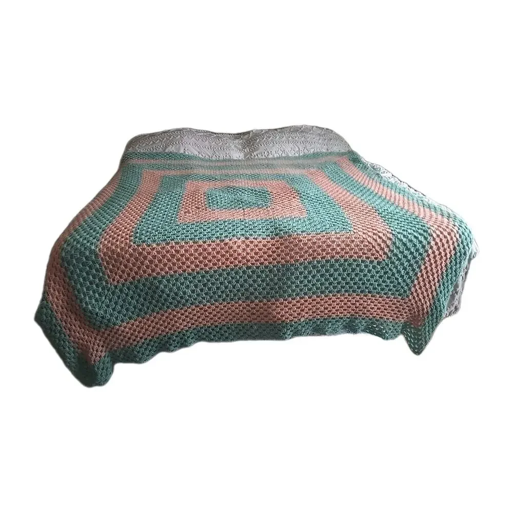Vtg Handmade Teal Orange Project Tapestry Granny Throw‎ Blanket Afghan 80